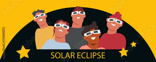 Solar eclipse. Group of joyful people with protective glasses looks at the solar eclipse. Poster template, web banner, or card.vector illustration.