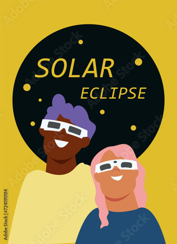 Solar eclipse. Group of joyful people with protective glasses looks at the solar eclipse. Poster template, web banner, or card.vector illustration.