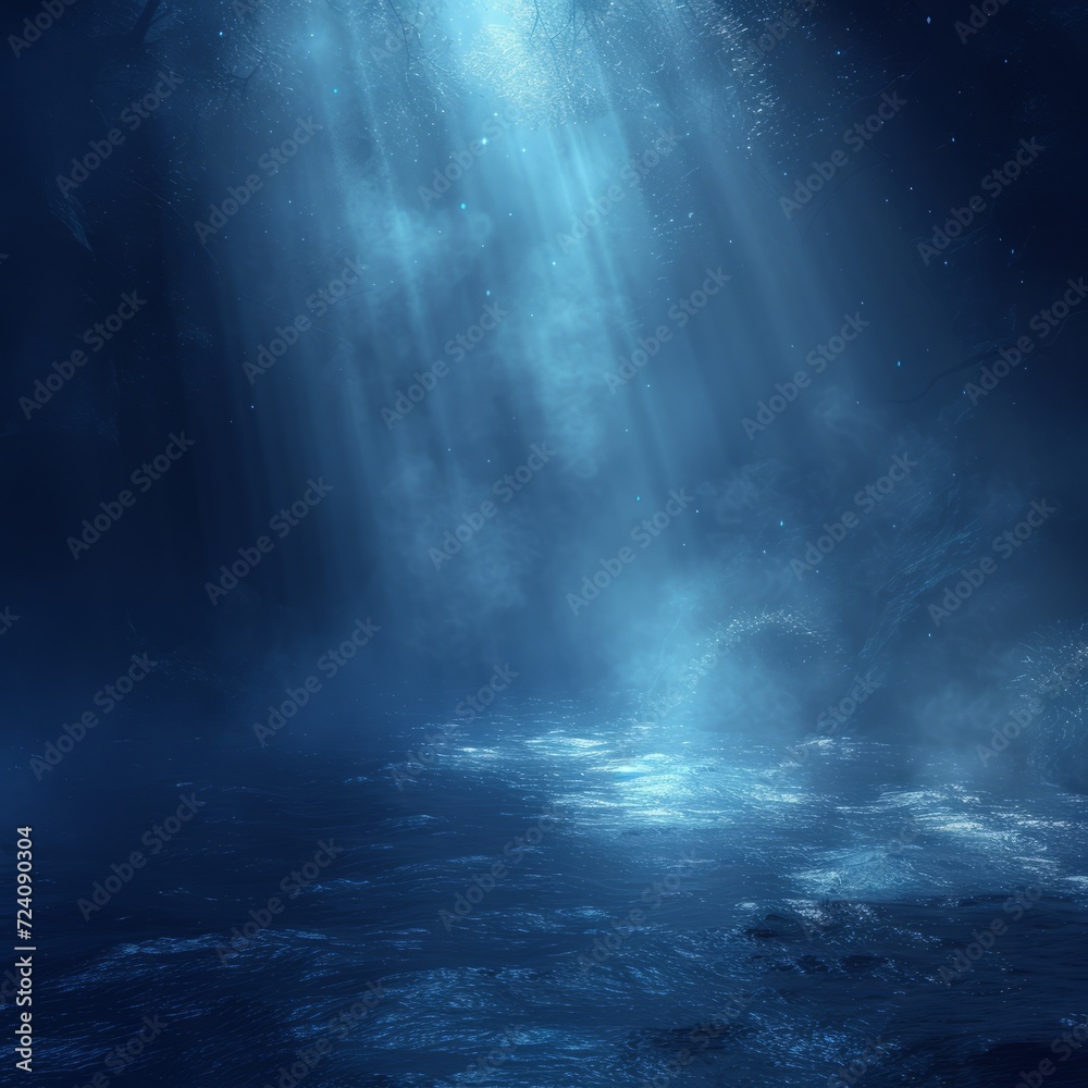 Mystical blue water cave with glowing sparkles and light rays shining through the water surface