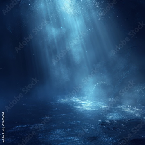 Mystical blue water cave with glowing sparkles and light rays shining through the water surface