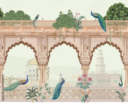 Beautiful indian Mughal arch, palace, peacocks, parrot, garden, and mountain illustration for wallpaper. photo