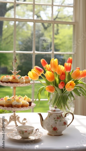 Delightful spread of treats and steaming cups of tea at a vibrant brunch gathering with friends