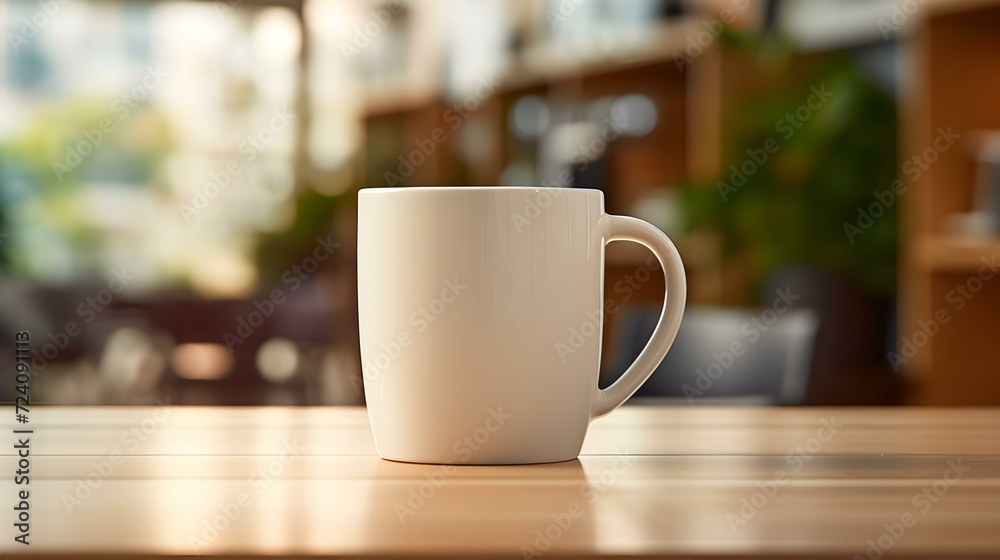 Ivory Coffee Cup on a wooden Table. Blurred Interior Background Ivory Coffee Cup on a wooden Table. Blurred Interior Background