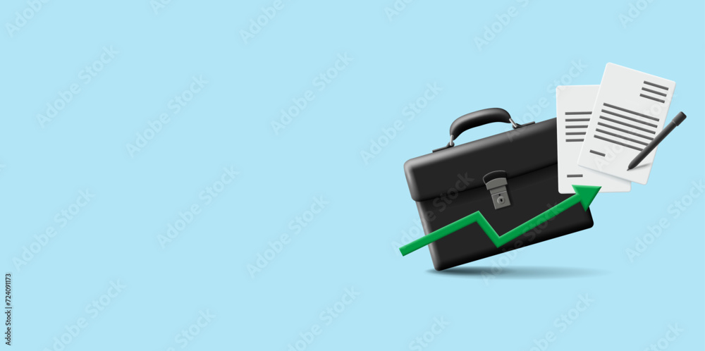 Business briefcase, signing documents, pen. 3D illustration of a business deal. The concept for business. Vector Business briefcase, signing documents, pen. 3D illustration of a business deal. The concept for business. Vector