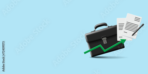 Business briefcase, signing documents, pen. 3D illustration of a business deal. The concept for business. Vector