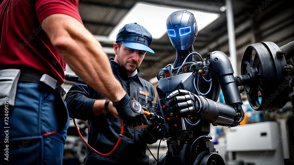 Two male workers repairing a robot in production in the evening Two male workers repairing a robot in production in the evening