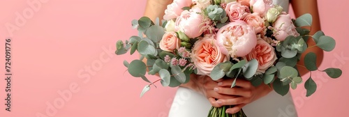 Graceful bride holding a stunning bouquet against a vibrant pink studio background © Viktoria