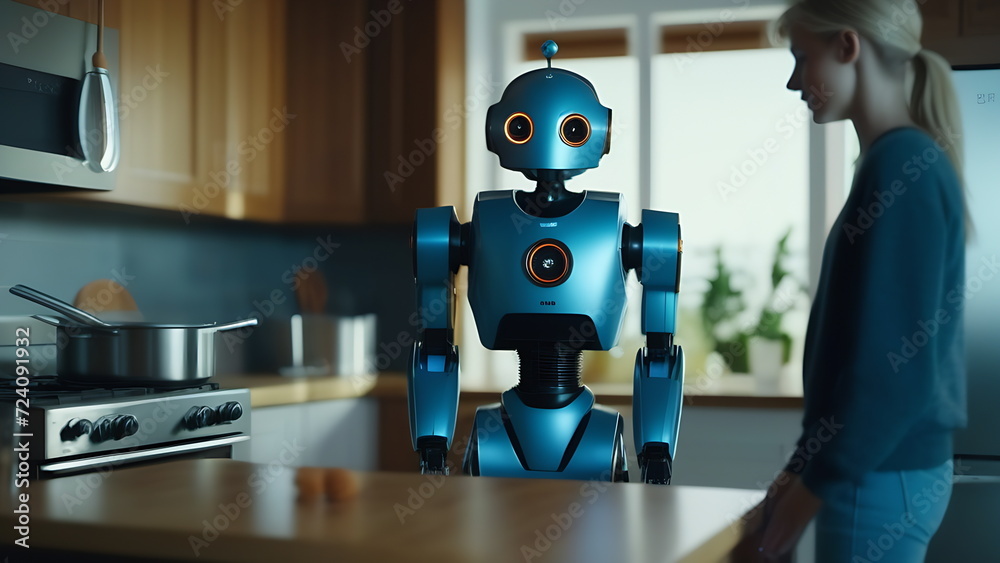 Entry-level robot in a home kitchen next to a girl