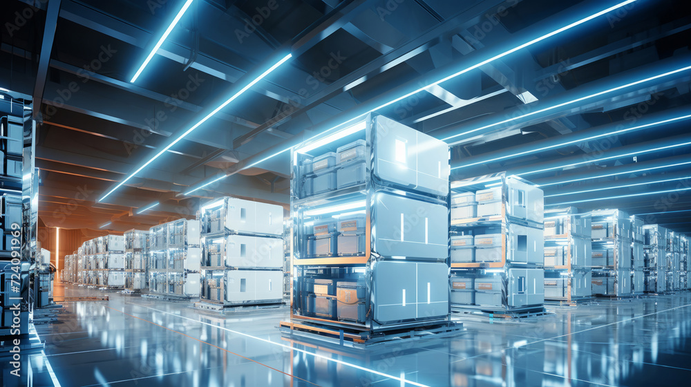 An expansive, brightly lit warehouse with futuristic, silver storage ...