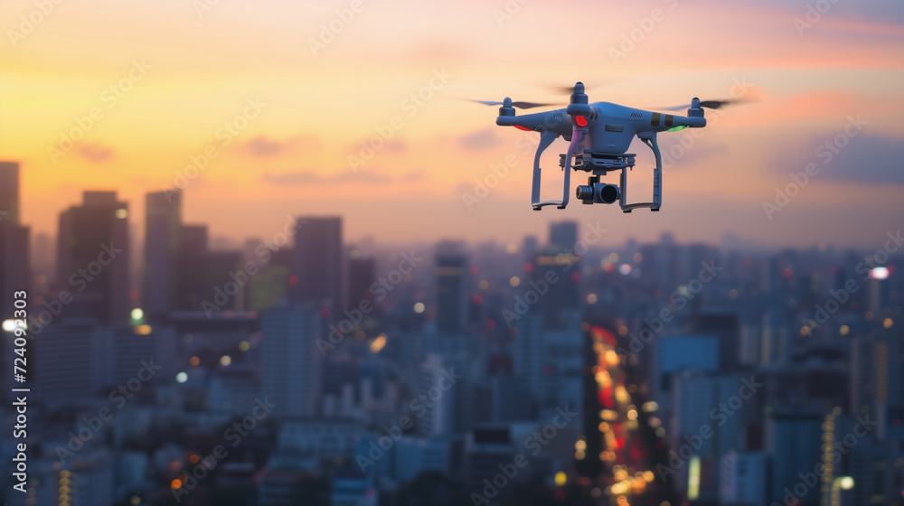Drone flying over the city at the sunset Drone flying over the city at the sunset