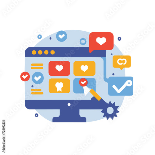 2d vector illustration colorful social media boost , influence blogger E-marketer via Internet pages marketing referral