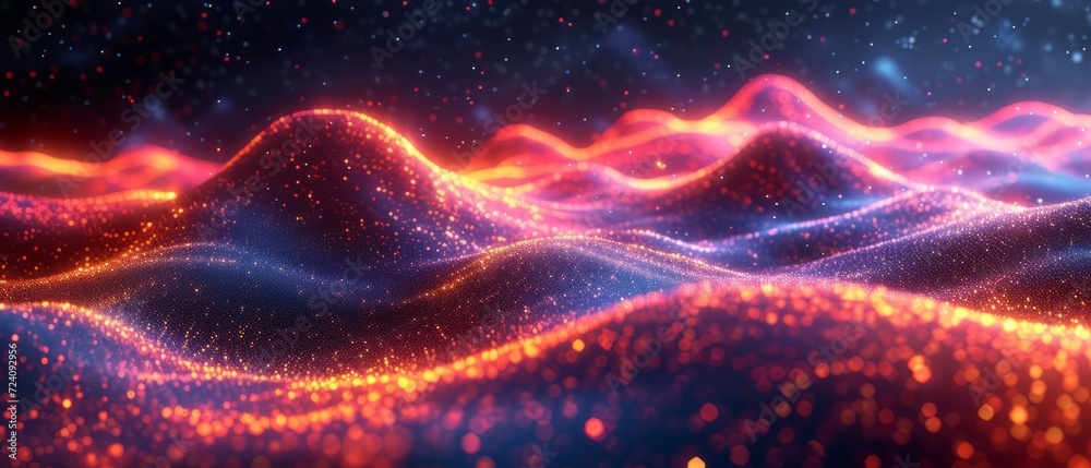 Fototapeta premium Modern, Energetic Background with Digital Information Smooth Waves. Abstract purple and blue dot wave. dark background. Futuristic technology style. Elegant background for presentations. Generative ai