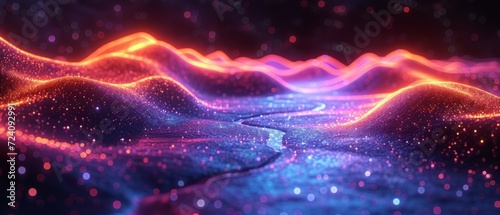 Modern, Energetic Background with Digital Information Smooth Waves. Abstract purple and blue dot wave. dark background. Futuristic technology style. Elegant background for presentations. Generative ai