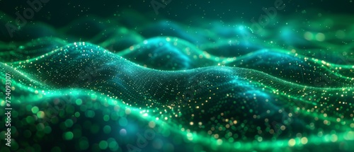 Modern, Energetic Background with Digital Information Smooth Waves. Abstract green dot wave. dark background. Futuristic technology style. Elegant background for presentations. Generative ai