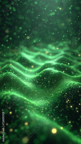 Modern, Energetic Background with Digital Information Smooth Waves. Abstract green dot wave. dark background. Futuristic technology style. Elegant background for presentations. Generative ai