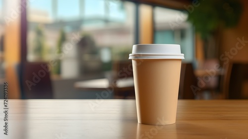 Light Brown Coffee Cup on a wooden Table. Blurred Interior Background