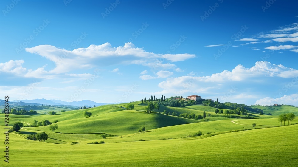 Panoramic view of rolling green hills dotted with quaint cottages, under a clear blue sky for a serene countryside scene Panoramic view of rolling green hills dotted with quaint cottages, under a clear blue sky for a serene countryside scene