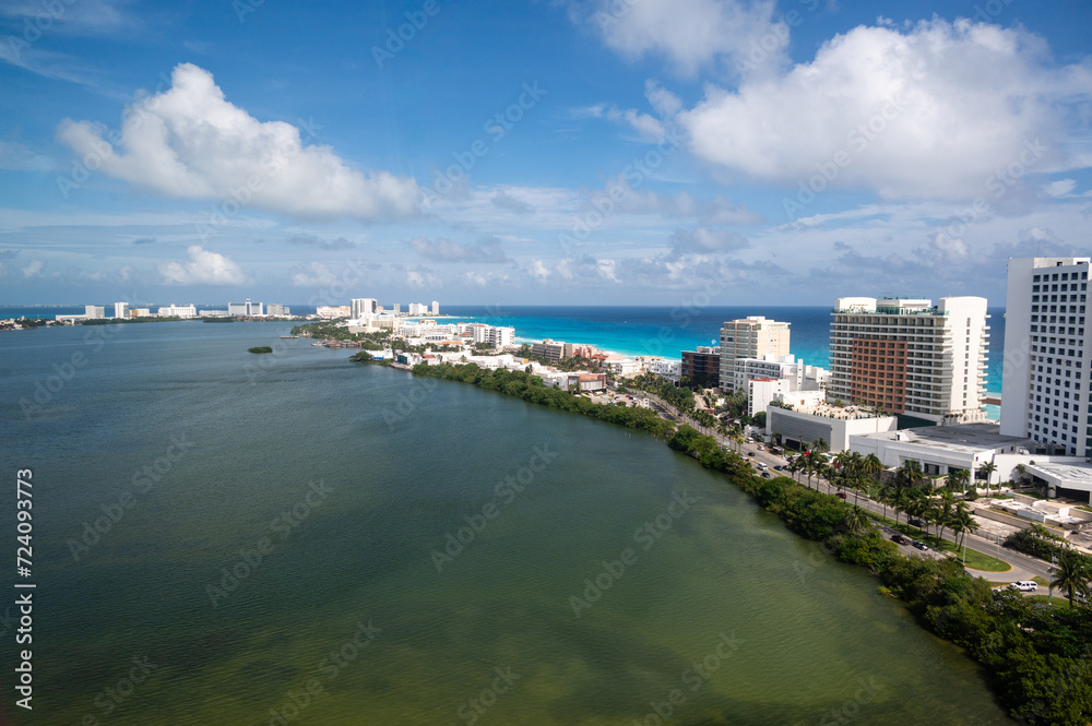 Aerial view looking of the Hotel Zone (Zona Hotelera) of Cancun, Mexico