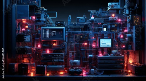An intricate network of electronic components mimicking an urban layout, illuminated with neon accents for a cyberpunk effect photo