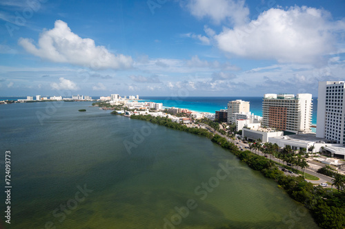Aerial view looking of the Hotel Zone (Zona Hotelera) of Cancun, Mexico