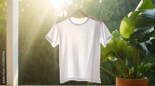 T-shirt after laundry closeup on garden background. White tshirt mockup. Blank template Tee mock-up. Casual urban clothes. Summer short-sleeve basic shirt. Transparent canvas for print.