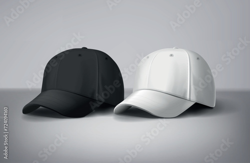 Black and white baseball caps mock up in gray background, front and back or different sides. For branding and advertising.