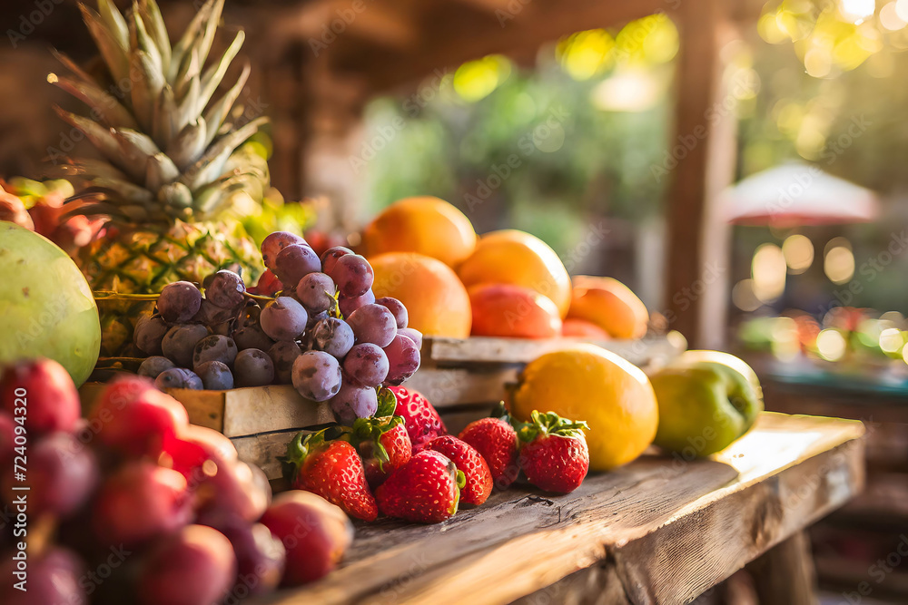 Fresh, Colorful Fruits Displayed on Rustic Wooden Table in Golden Sunlight