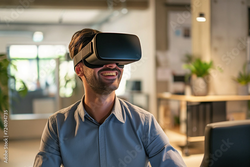 A smiling man in a Modern Bright Office environment wearing a vr headset. © Duncan