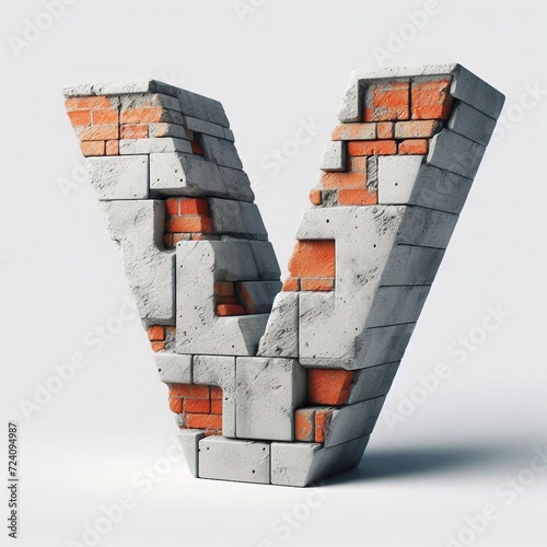 V letter shape created from concrete and briks. AI generated illustration