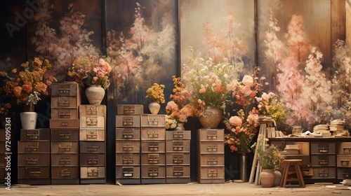 An impressionistic painting of rustic wooden filing cabinets overflowing with blooming flowers in a sunlit, vintage office