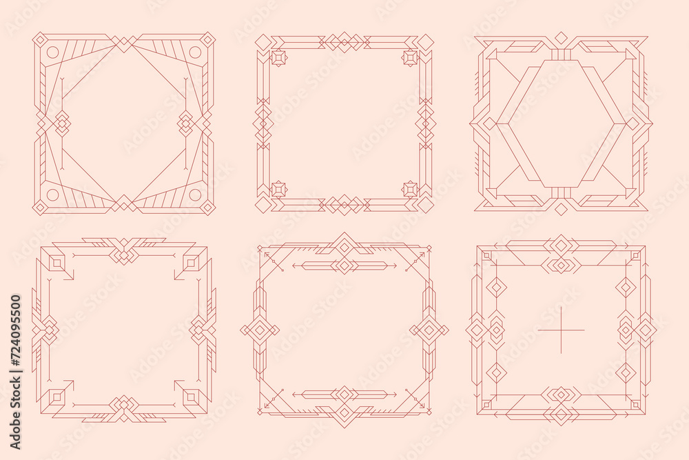 Flat linear square frame set collection with ornaments and geometric shapes Flat linear square frame set collection with ornaments and geometric shapes