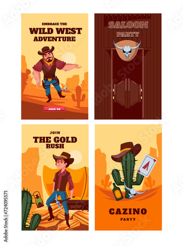 Hand drawn cowboy vertical cards template set collection with characters and wild west elements
