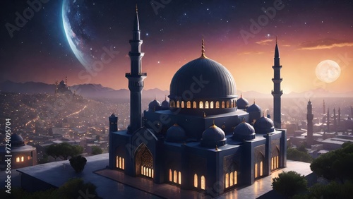Starry Night Big Mosque Silhouette. Suitable for Ramadan concept, Islamic concept, Greeting card, Wallpaper, Background, Illustration, etc  © dreambender