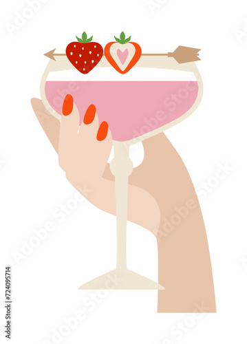 Hand holding a love cocktail. Drink with heart strawberries. Love drink. Valentine's Day. Heart. Lovers. Drink with fruit. Holiday valentine's day, wedding, marriage, celebrate. Vector art illustratio