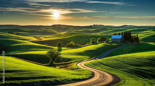 An idyllic rural landscape with vibrant green fields, a winding road, and distant farms, bathed in the golden light of dawn