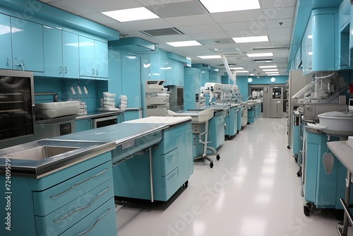 Modern hospital sterilization room with teal cabinets and state-of-the-art equipment