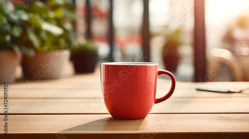 Light Red Coffee Cup on a wooden Table. Blurred Interior Background