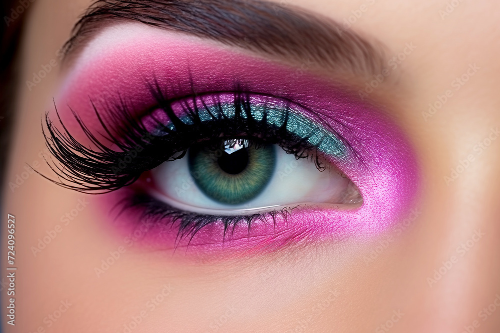 close up of Beauty Shot of Eye Makeup with Pink and Teal Eyeshadow and Full Lashes. Makeup and beauty concept