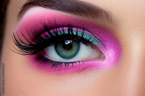 close up of Beauty Shot of Eye Makeup with Pink and Teal Eyeshadow and Full Lashes. Makeup and beauty concept