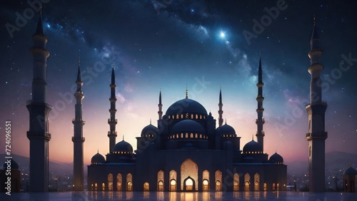 Starry Night Silhouette of a Big Mosque. Suitable for Ramadan concept, Islamic concept, Greeting card, Wallpaper, Background, Illustration, etc 