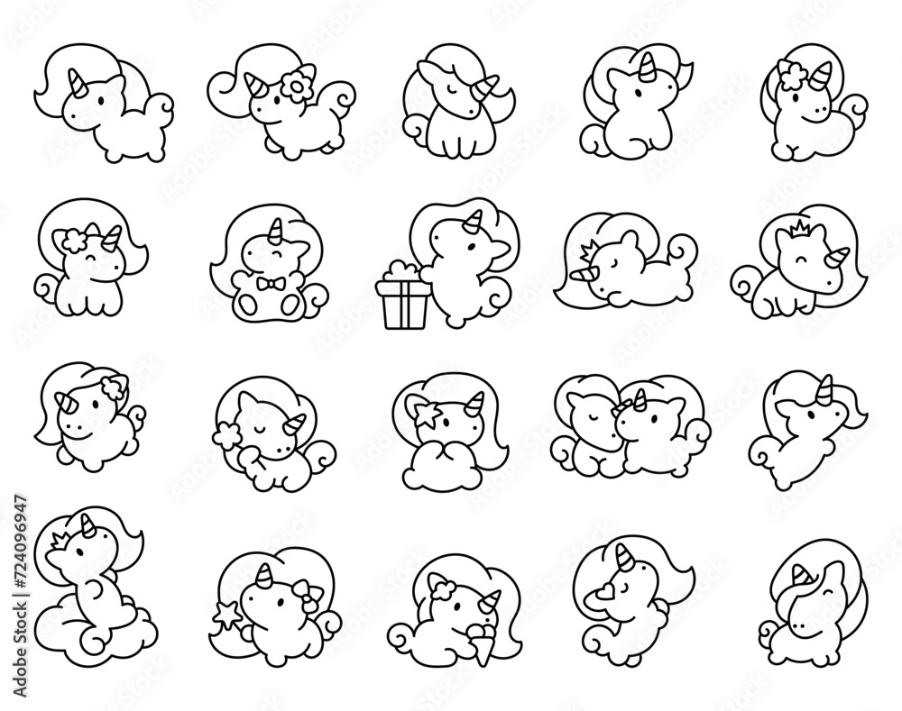 Obraz premium Cute kawaii little unicorn. Coloring Page. Fairy tale cartoon happy pony characters. Hand drawn style. Vector drawing. Collection of design elements.