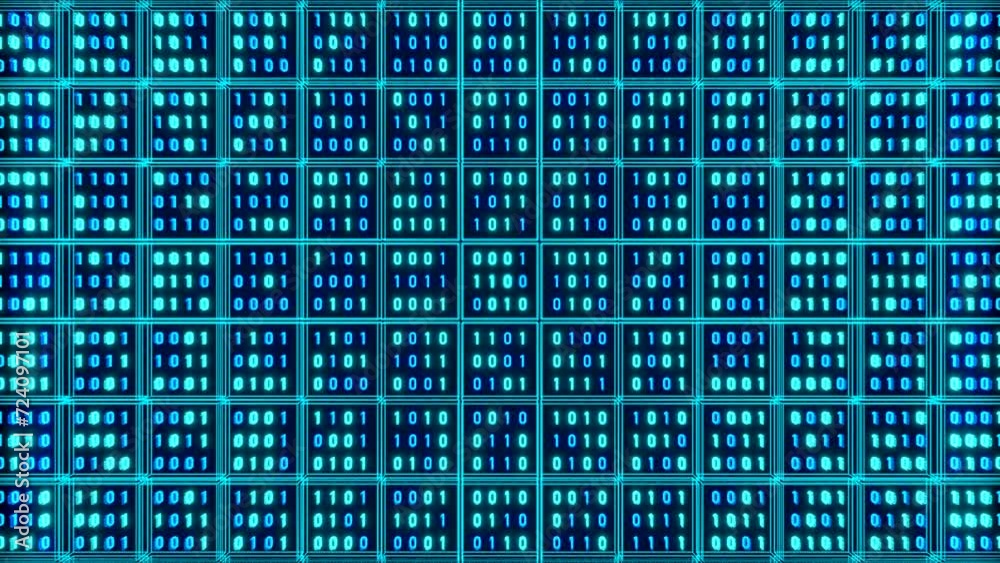 Binar data blocks, digital wall with binary code illuminated in blue. Big data, zero and one, sequence, program, software, binary string, science, switchboard, futuristic and technology. 