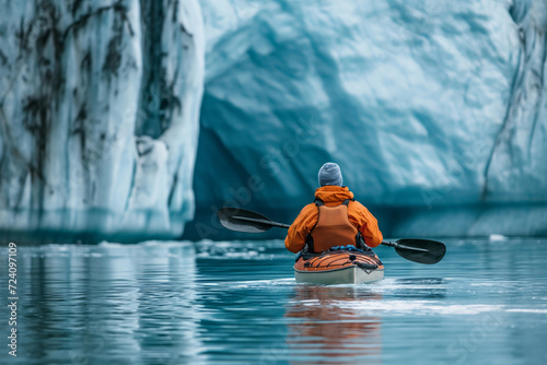 A man paddling in a kayak through the glacial lake with glacier in background