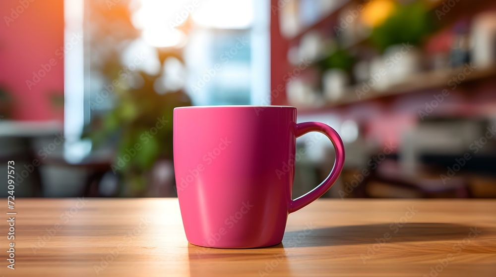 Magenta Coffee Cup on a wooden Table. Blurred Interior Background Magenta Coffee Cup on a wooden Table. Blurred Interior Background