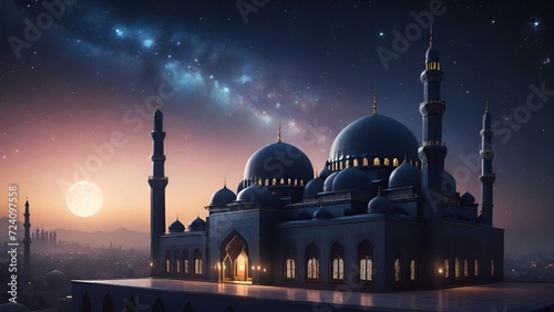 Silhouette of Big Mosque in the Starry Night. Suitable for Ramadan concept, Islamic concept, Greeting card, Wallpaper, Background, Illustration, etc  © dreambender