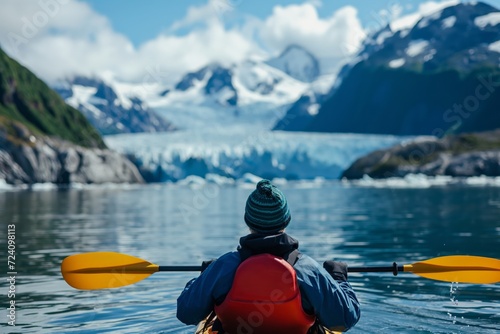 A man paddling in a kayak through the glacial lake with glacier in background © Darya Lavinskaya