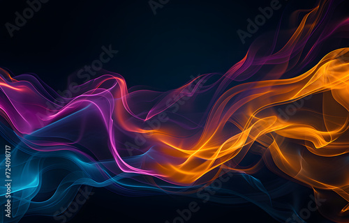 Abstract photograph of a singular intricately flowing colored smoke stream against a synth wave background. In the style of futuristic computer screen backgrounds. Generative A