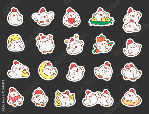 Cute kawaii chicken. Sticker Bookmark. Cartoon farm birds characters. Funny domestic animals. Hand drawn style. Vector drawing. Collection of design elements.