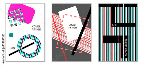 Geometric cover design, set of 3 covers. Abstract unusual background in Memphis style. Bright geometric shapes in random order