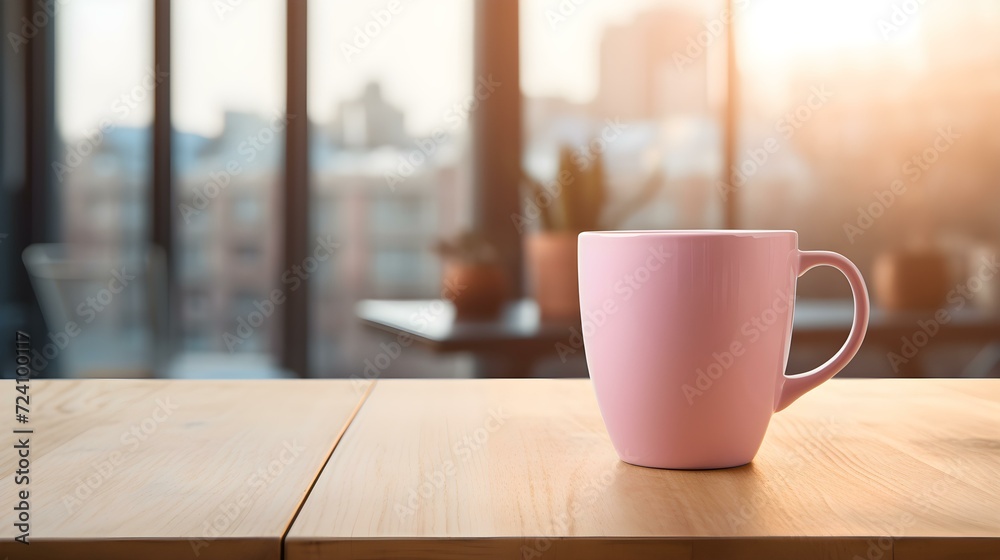 Pink Coffee Cup on a wooden Table. Blurred Interior Background Pink Coffee Cup on a wooden Table. Blurred Interior Background